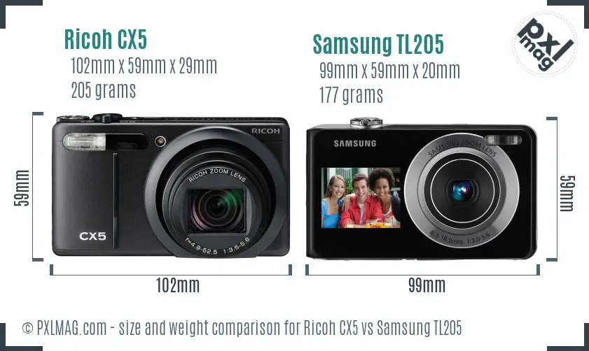 Ricoh CX5 vs Samsung TL205 size comparison