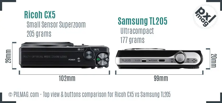 Ricoh CX5 vs Samsung TL205 top view buttons comparison