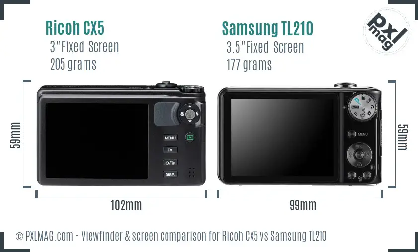 Ricoh CX5 vs Samsung TL210 Screen and Viewfinder comparison