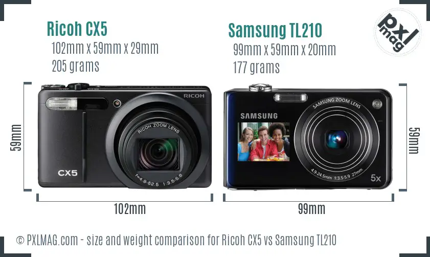 Ricoh CX5 vs Samsung TL210 size comparison