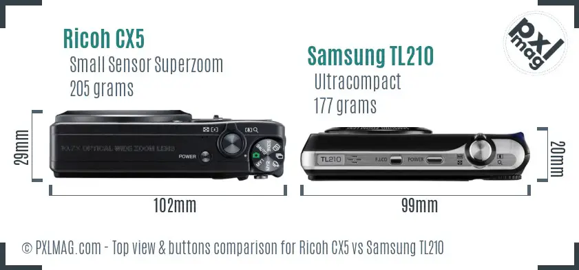 Ricoh CX5 vs Samsung TL210 top view buttons comparison