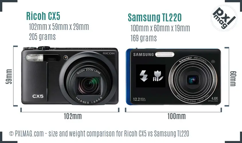 Ricoh CX5 vs Samsung TL220 size comparison
