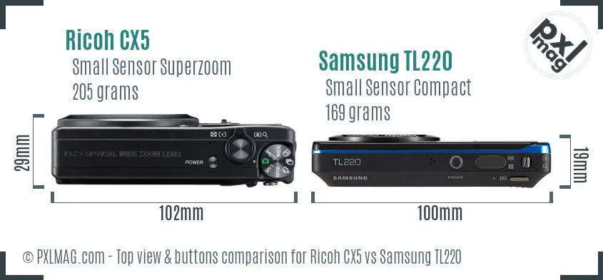 Ricoh CX5 vs Samsung TL220 top view buttons comparison