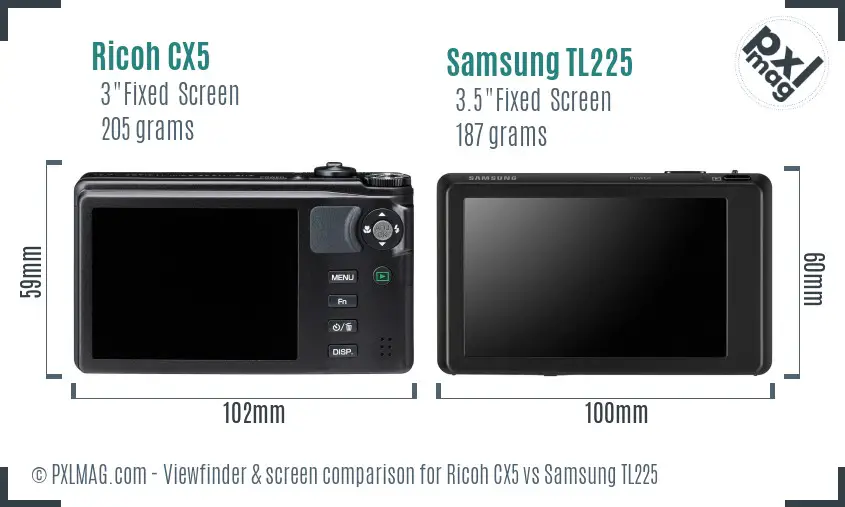 Ricoh CX5 vs Samsung TL225 Screen and Viewfinder comparison