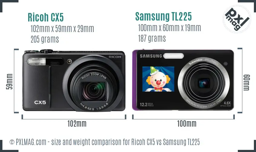 Ricoh CX5 vs Samsung TL225 size comparison