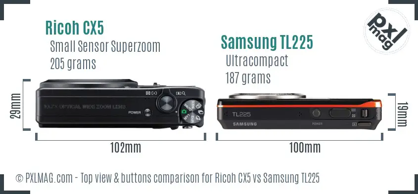 Ricoh CX5 vs Samsung TL225 top view buttons comparison