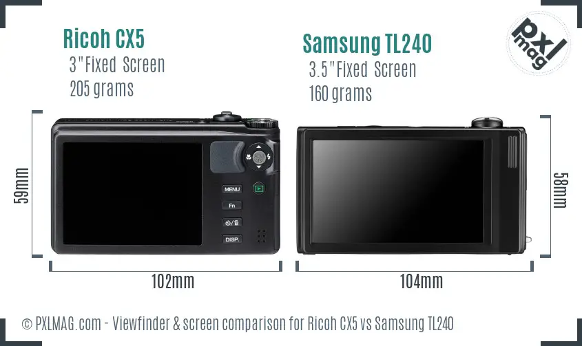 Ricoh CX5 vs Samsung TL240 Screen and Viewfinder comparison