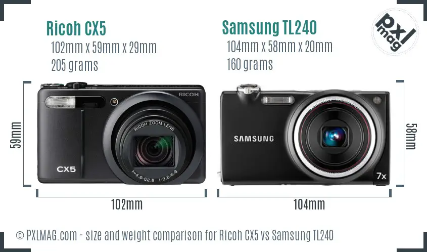 Ricoh CX5 vs Samsung TL240 size comparison