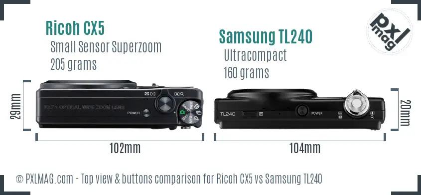 Ricoh CX5 vs Samsung TL240 top view buttons comparison