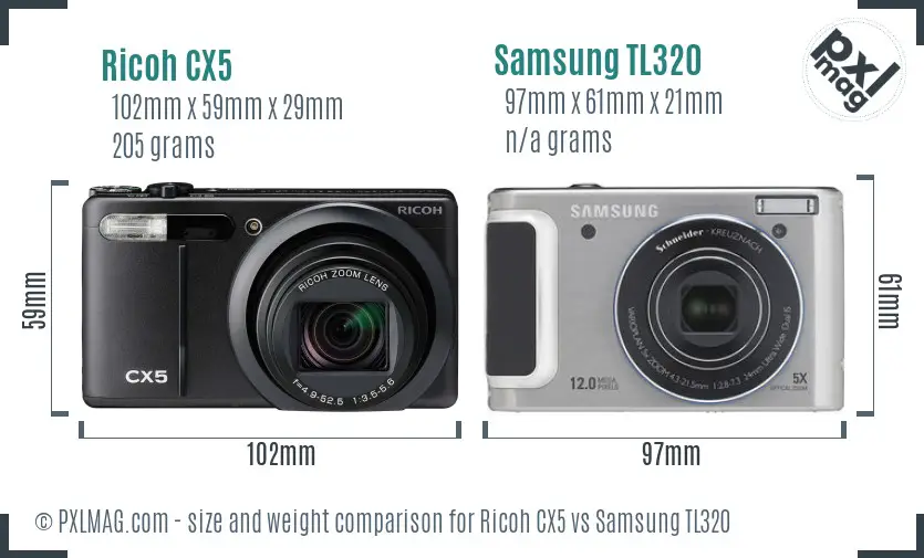 Ricoh CX5 vs Samsung TL320 size comparison