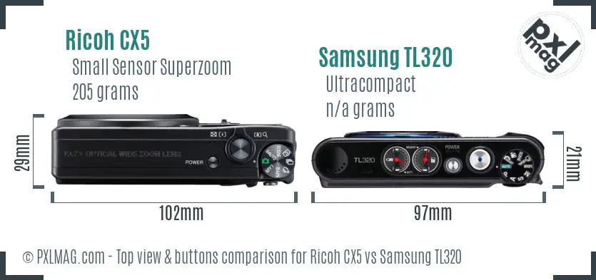 Ricoh CX5 vs Samsung TL320 top view buttons comparison