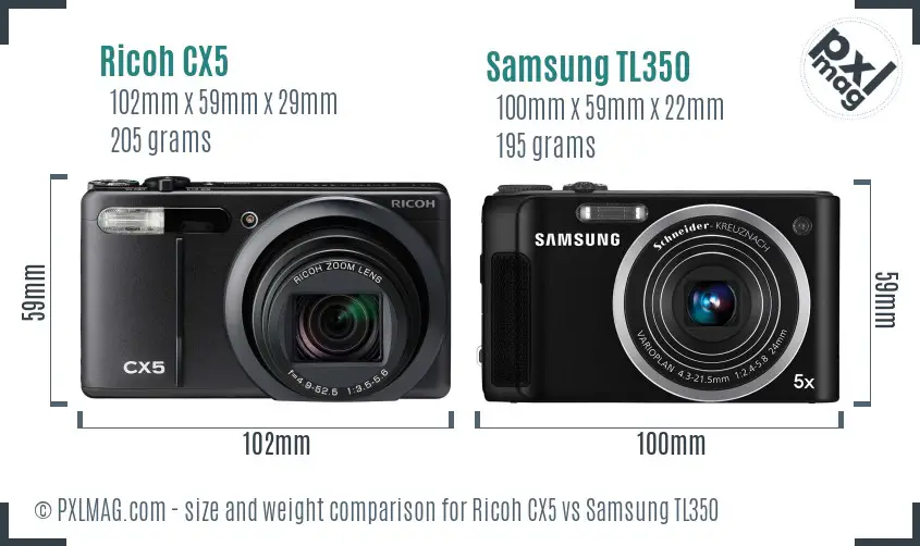 Ricoh CX5 vs Samsung TL350 size comparison