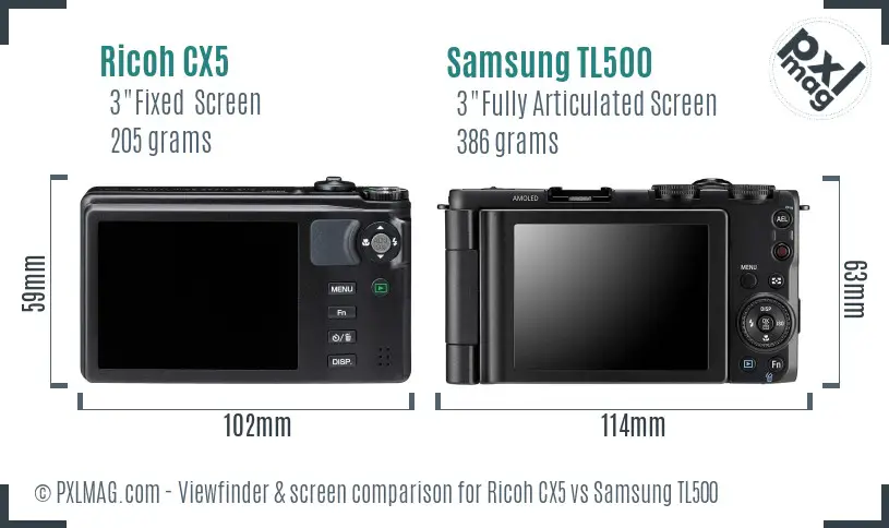 Ricoh CX5 vs Samsung TL500 Screen and Viewfinder comparison