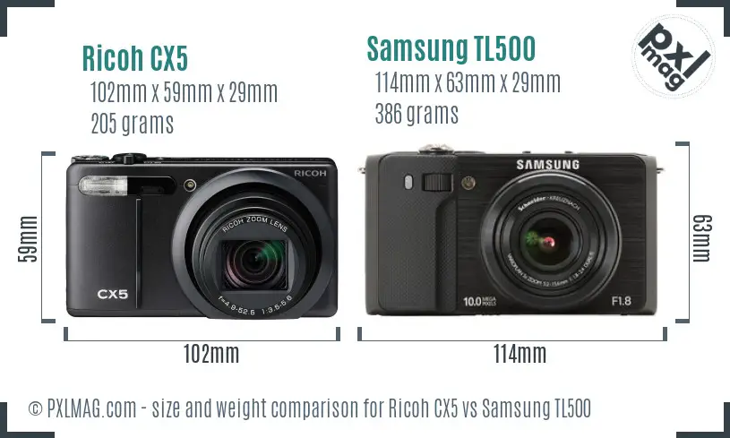 Ricoh CX5 vs Samsung TL500 size comparison