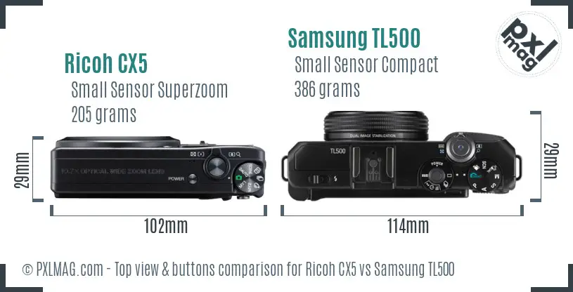 Ricoh CX5 vs Samsung TL500 top view buttons comparison