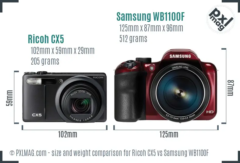 Ricoh CX5 vs Samsung WB1100F size comparison