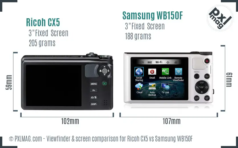 Ricoh CX5 vs Samsung WB150F Screen and Viewfinder comparison