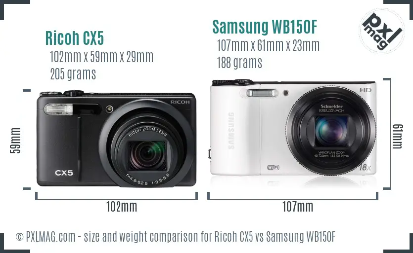 Ricoh CX5 vs Samsung WB150F size comparison