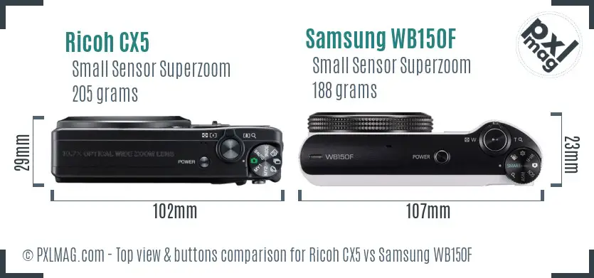 Ricoh CX5 vs Samsung WB150F top view buttons comparison