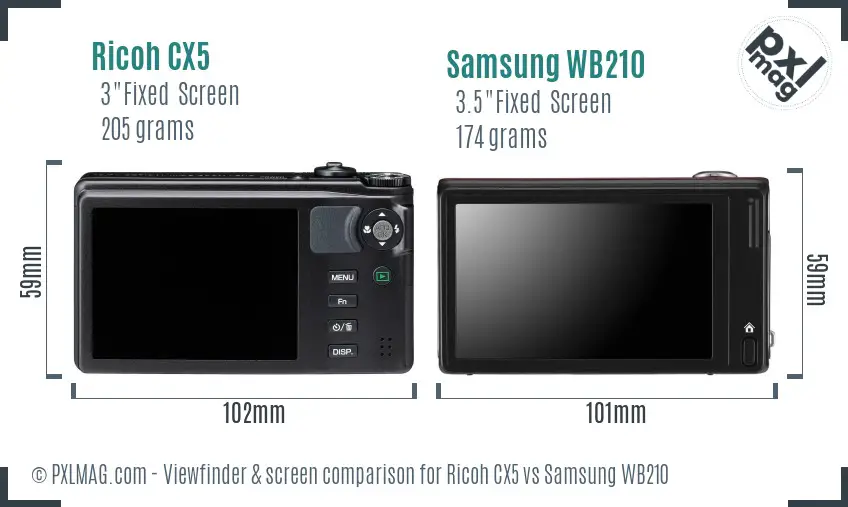 Ricoh CX5 vs Samsung WB210 Screen and Viewfinder comparison