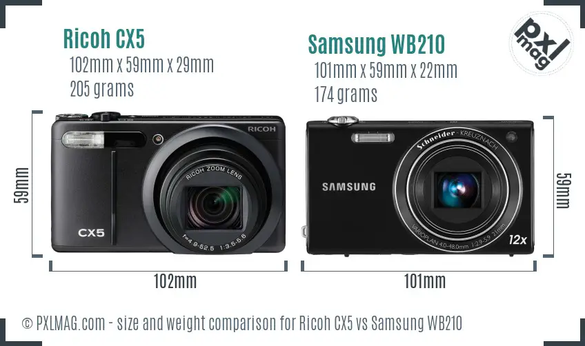 Ricoh CX5 vs Samsung WB210 size comparison