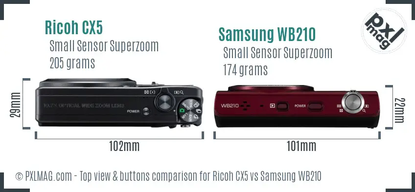 Ricoh CX5 vs Samsung WB210 top view buttons comparison
