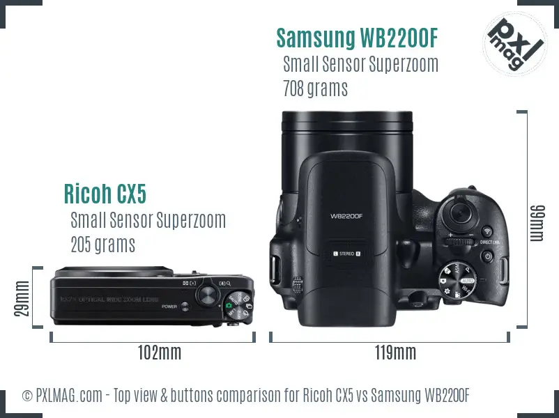 Ricoh CX5 vs Samsung WB2200F top view buttons comparison