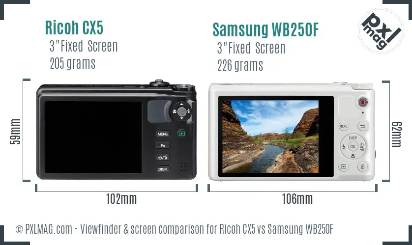 Ricoh CX5 vs Samsung WB250F Screen and Viewfinder comparison