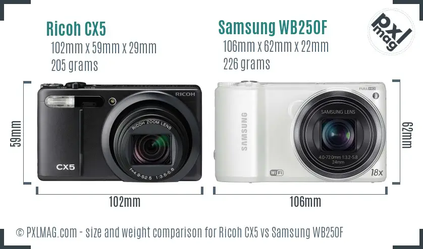Ricoh CX5 vs Samsung WB250F size comparison