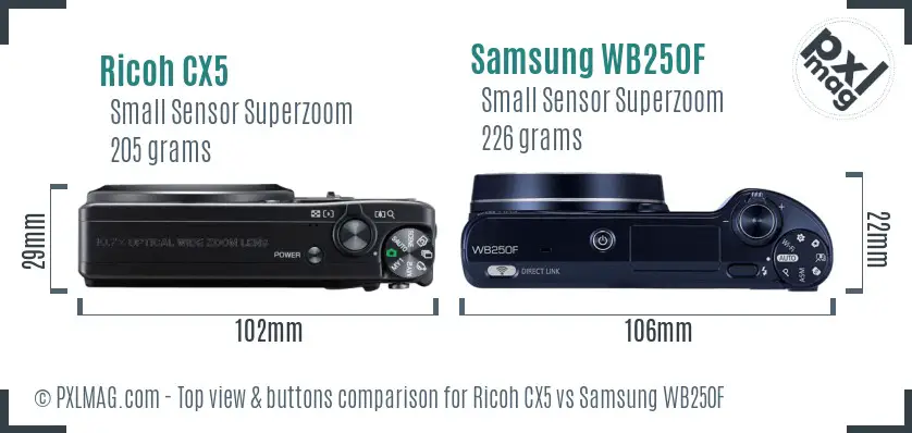 Ricoh CX5 vs Samsung WB250F top view buttons comparison