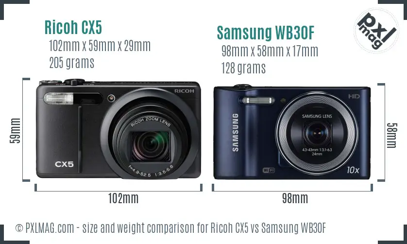 Ricoh CX5 vs Samsung WB30F size comparison