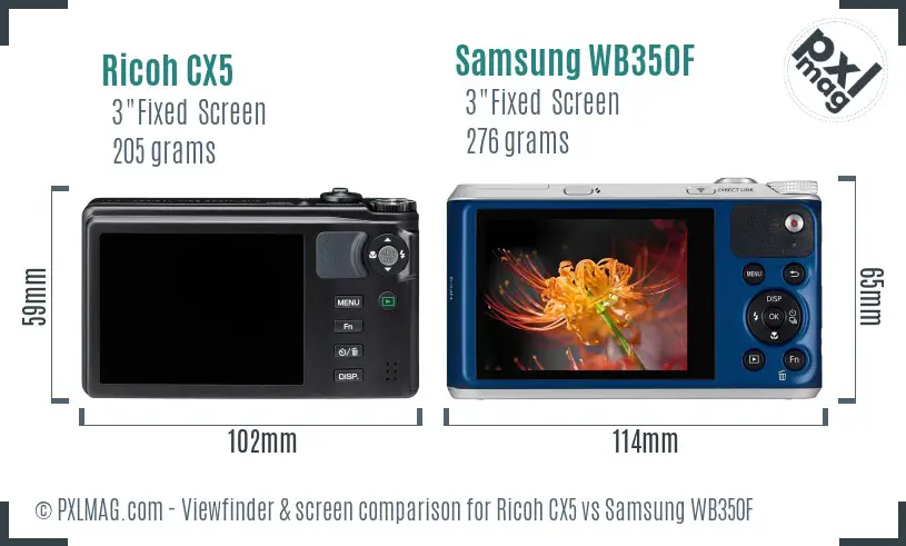 Ricoh CX5 vs Samsung WB350F Screen and Viewfinder comparison