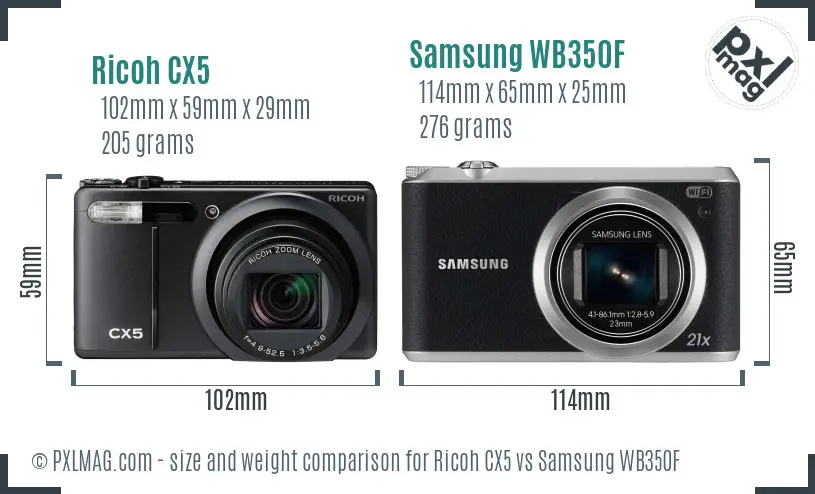 Ricoh CX5 vs Samsung WB350F size comparison