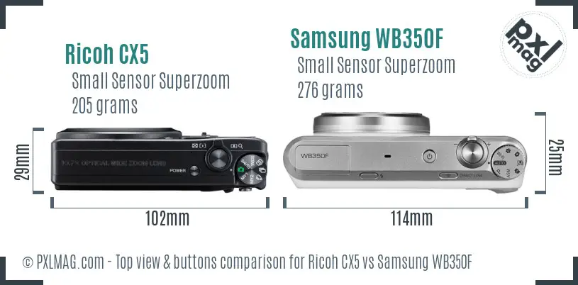Ricoh CX5 vs Samsung WB350F top view buttons comparison