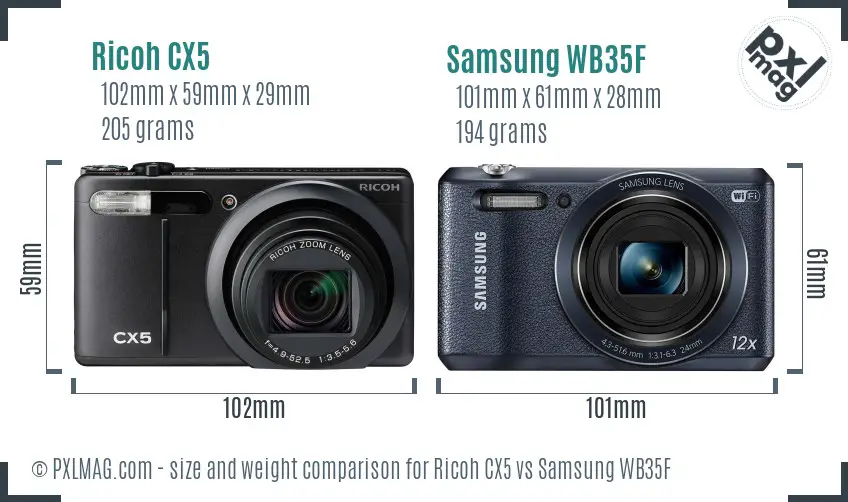 Ricoh CX5 vs Samsung WB35F size comparison