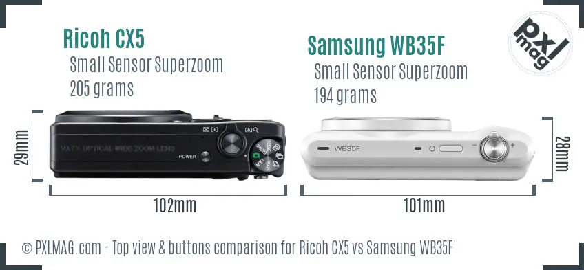 Ricoh CX5 vs Samsung WB35F top view buttons comparison