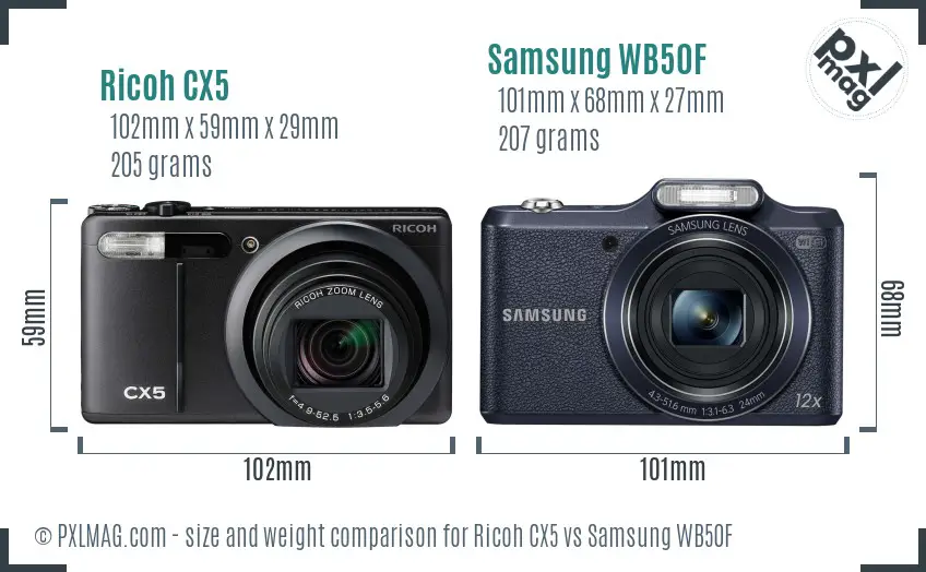 Ricoh CX5 vs Samsung WB50F size comparison