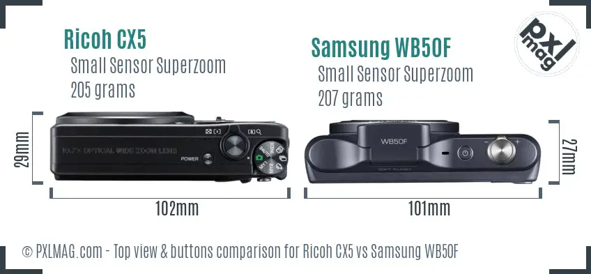 Ricoh CX5 vs Samsung WB50F top view buttons comparison