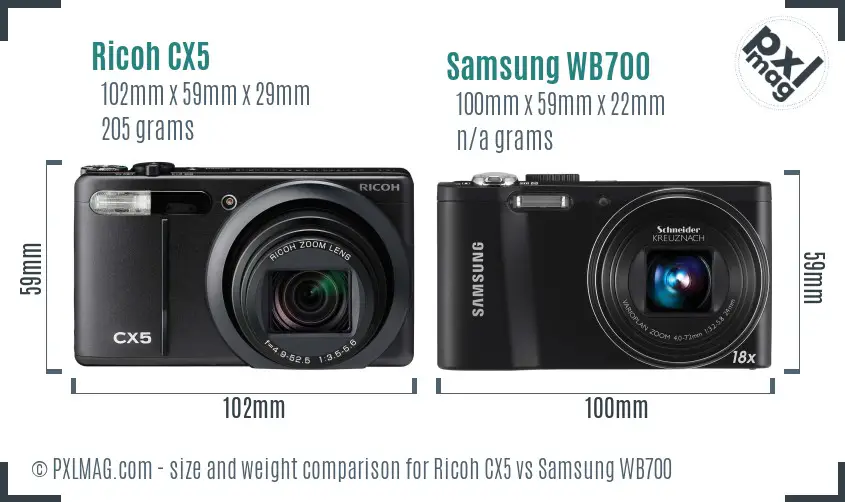Ricoh CX5 vs Samsung WB700 size comparison