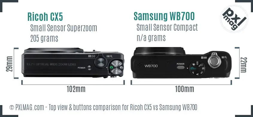 Ricoh CX5 vs Samsung WB700 top view buttons comparison