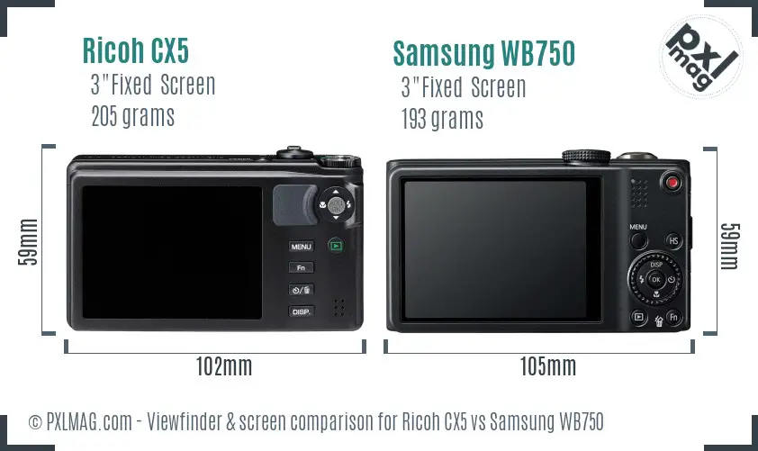 Ricoh CX5 vs Samsung WB750 Screen and Viewfinder comparison