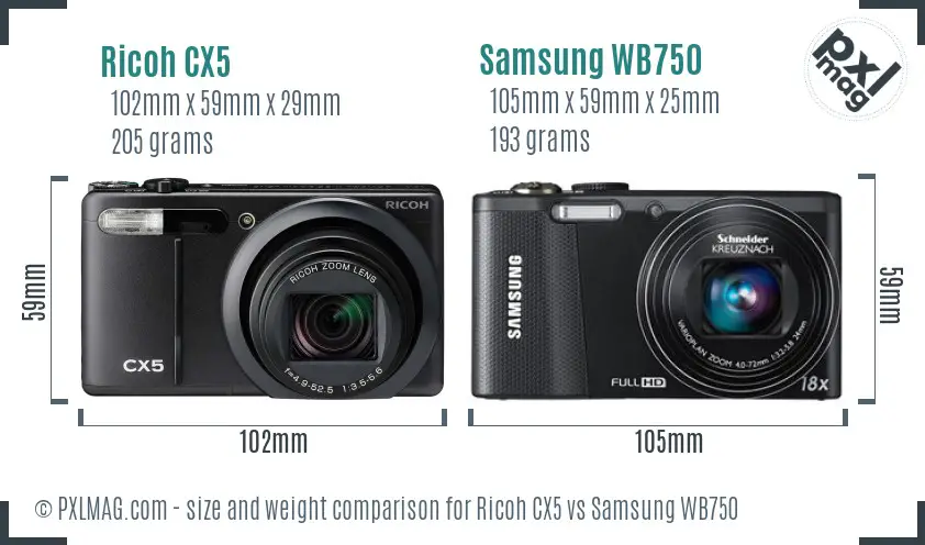 Ricoh CX5 vs Samsung WB750 size comparison