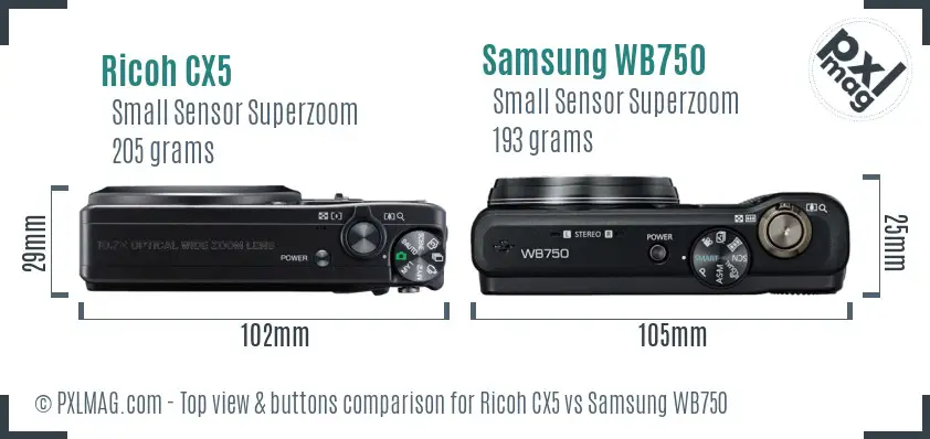 Ricoh CX5 vs Samsung WB750 top view buttons comparison