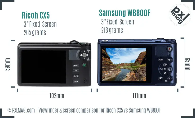 Ricoh CX5 vs Samsung WB800F Screen and Viewfinder comparison