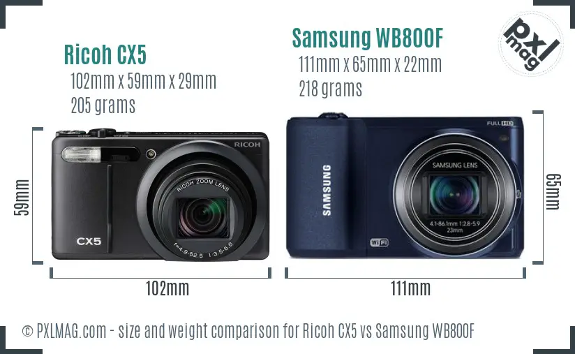 Ricoh CX5 vs Samsung WB800F size comparison