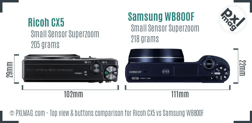 Ricoh CX5 vs Samsung WB800F top view buttons comparison