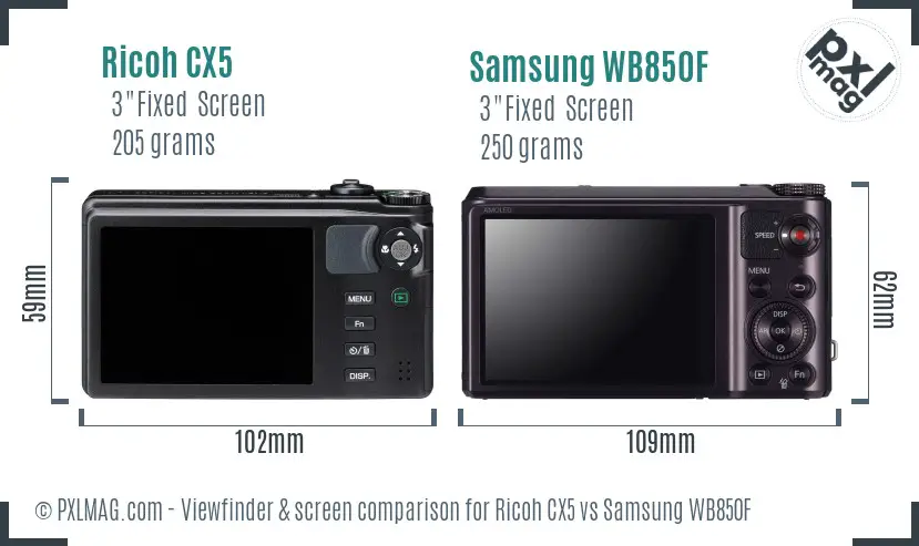 Ricoh CX5 vs Samsung WB850F Screen and Viewfinder comparison