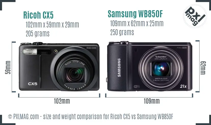 Ricoh CX5 vs Samsung WB850F size comparison