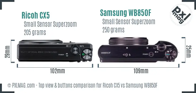 Ricoh CX5 vs Samsung WB850F top view buttons comparison