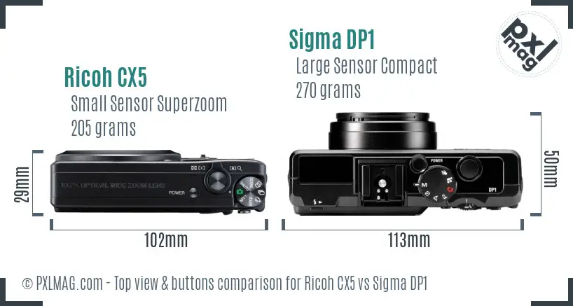 Ricoh CX5 vs Sigma DP1 top view buttons comparison